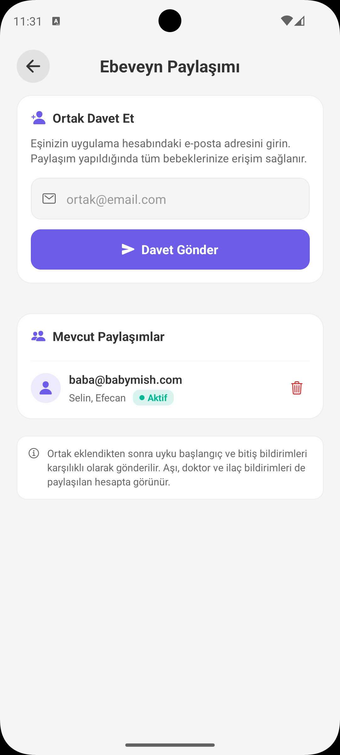 Ebeveyn Paylaşımı ekranı