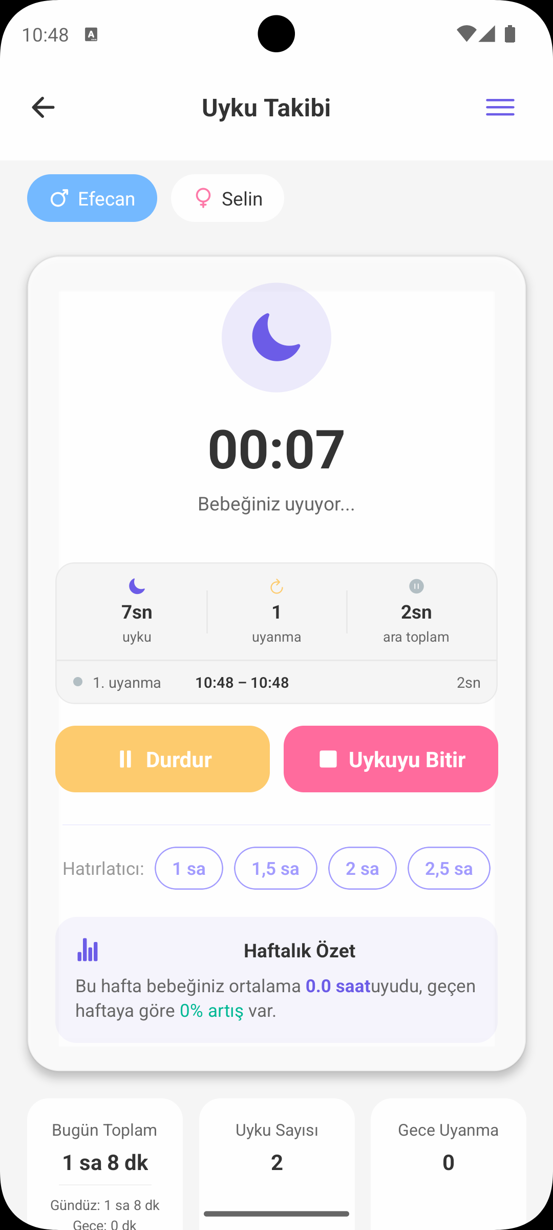Uyku Takibi ekranı