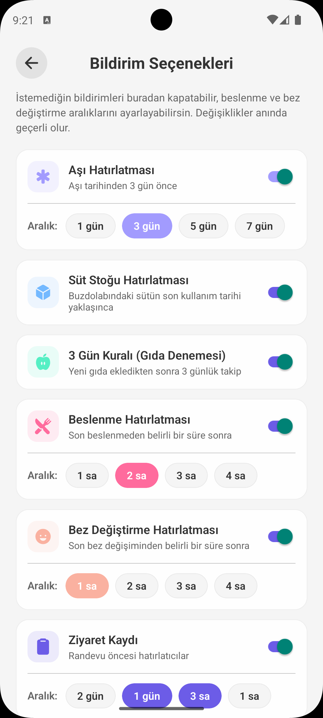 Babymish bildirimler ekran görüntüsü