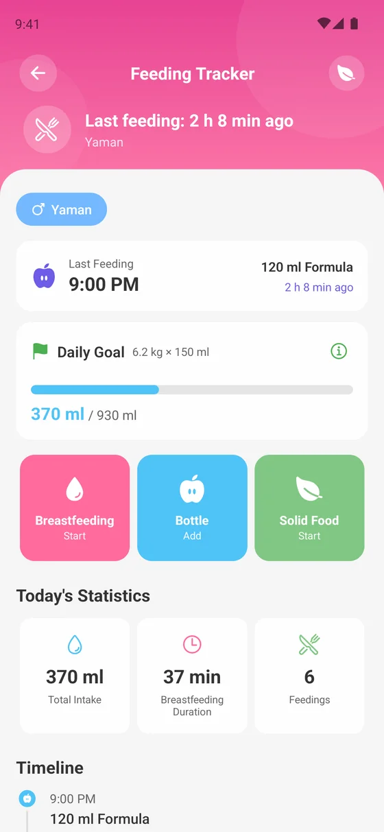 Feeding tracking screen
